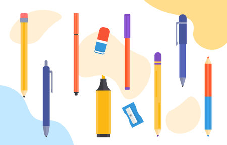 Set of school pens and pencils vector conceptのイラスト素材