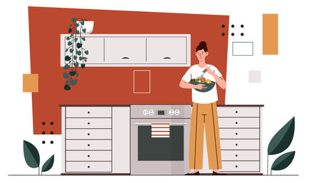 Woman cooking at kitchen vector conceptのイラスト素材
