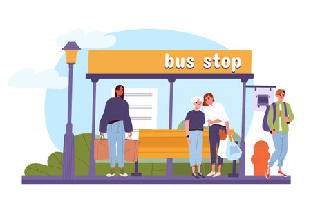 Bus stop with people vector conceptのイラスト素材