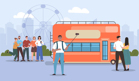 Group of tourists travel on bus vectorのイラスト素材