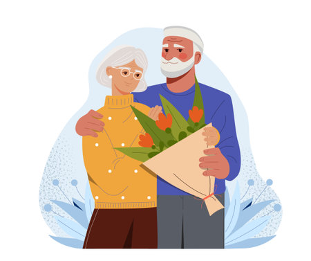 Happy seniors couple with bouquet vector conceptのイラスト素材