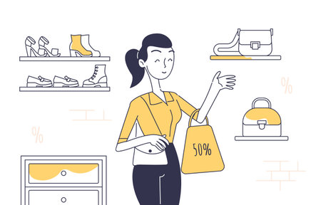 Woman in shop vector doodleのイラスト素材