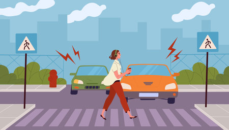 Careless girl at crosswalk vector conceptのイラスト素材