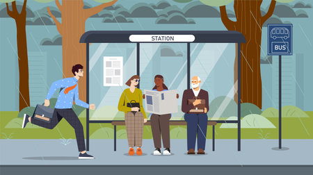 Bus stop in rainy weather vectorのイラスト素材