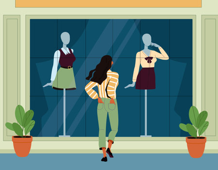 Woman chooses clothes in shopping mall vectorのイラスト素材