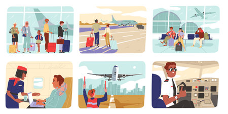 Set of scenes with people at airportのイラスト素材