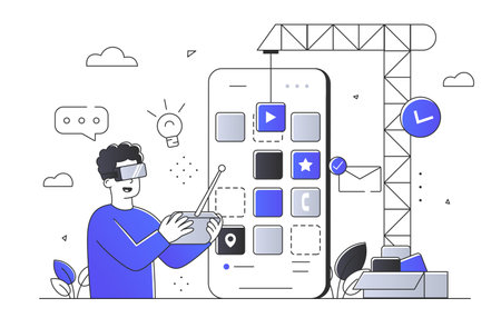 A person using virtual reality glasses interacting with a large smartphone interfaceのイラスト素材