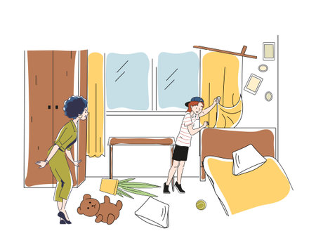 Educational problems concept. A naughty kid made a mess in his room. Vector illustrationのイラスト素材
