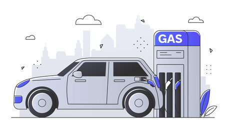 Car filling up at gas station, line art style, with cityscape background, concept of transportation and fuelのイラスト素材