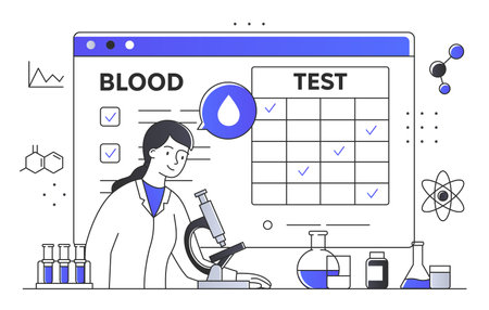 Female scientist with microscope and test schedule, with laboratory equipment depicted on a light background. Vector illustrationのイラスト素材