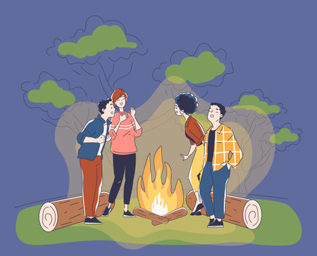 Group of friends gathered around a campfire at night, vector illustration on a dark background, depicting outdoor recreationのイラスト素材