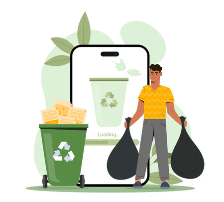 Waste management concept. A man carrying trash bags with a smartphone and recycle bin graphic, in a flat style, on a white background. Vector illustrationのイラスト素材