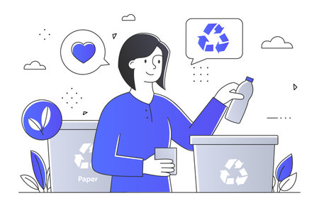 Recycling concept. A woman putting a plastic bottle into a recycling bin. Flat line art style vector illustration on white backgroundのイラスト素材