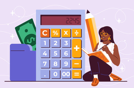 Concept of finance planning. Woman sitting next to a giant calculator with a pencil and notebook, on a whimsical purple background. Flat vector illustrationのイラスト素材