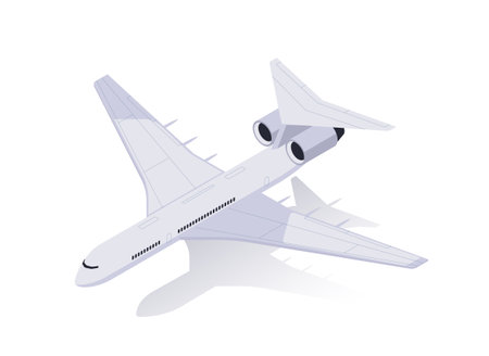 Airplane ascending on a white background, conveying a concept of travel or flight. 3d isometric vector illustrationのイラスト素材