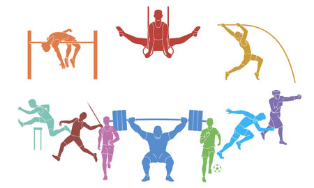 Various sports activities, portrayed in vibrant colors against a clean background, symbolizing athleticism and competitionのイラスト素材