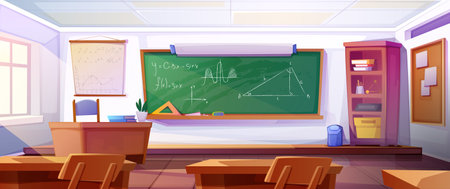 Classroom with desks, a chalkboard with math equations, and a bookshelf, in a bright cartoon style, depicting an educational setting. Vector illustrationのイラスト素材
