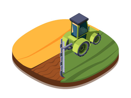 Vector illustration of a green tractor on a field, with a cutaway showing soil layers, on a white background, concept of agricultureのイラスト素材