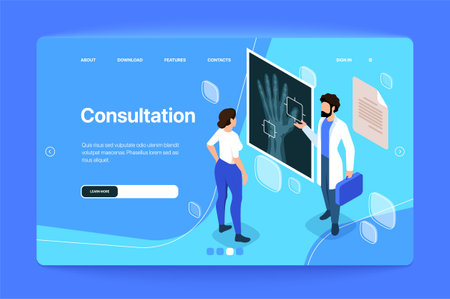 An illustration of a medical consultation website interface with doctor and patient, flat style, on a blue background, concept of healthcare. vector illustrationのイラスト素材