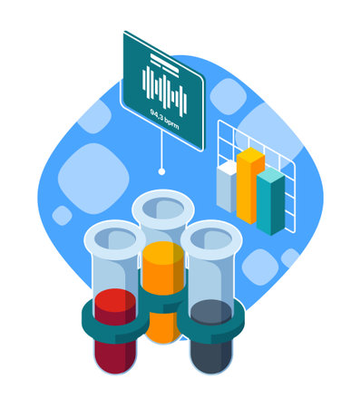 Isometric illustration of laboratory setup with test tubes and data charts, blue background, concept of research. vector illustrationのイラスト素材