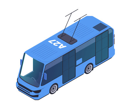 Blue Isometric electric Trolleybus with trolley poles or trolley arms isolated on a white background, concept of modern and eco-friendly transportation. Vector illustrationのイラスト素材