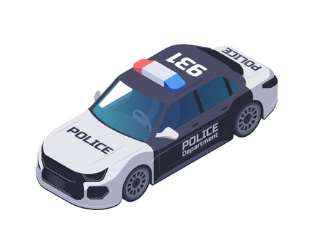 Isometric police car on a plain background, depicting law enforcement transportation. Vector illustrationのイラスト素材