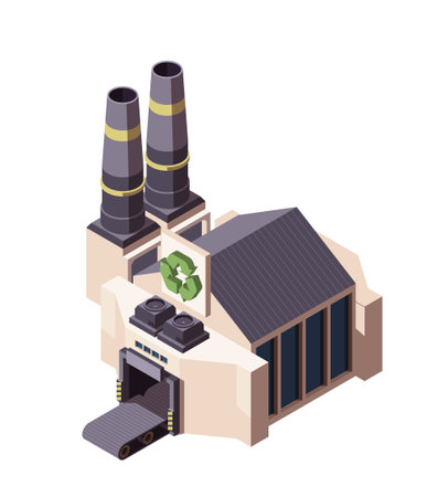 Industrial factory with smokestacks, recycling symbol, concept of industry. Isometric vector illustration isolated on whiteのイラスト素材