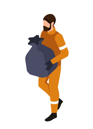 Man in an orange suit carrying a large garbage sack, vector style, on a white background, concept of work. Vector illustrationのイラスト素材