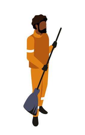 Person in an orange uniform holding a broom, isolated on a white background, concept of cleaning serviceのイラスト素材