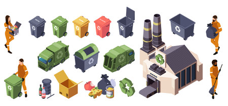 Isometric recycling themed vector illustration showing workers, trucks, bins, and a recycling facility on a white backgroundのイラスト素材