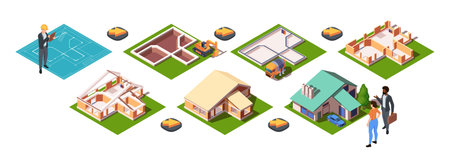 Isometric vector illustration of housing construction stages with characters and vehicles on a white background, showcasing the building processのイラスト素材