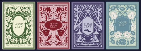 A set of four ornate, decorative cards with floral and fauna motifs and space for text, in vintage style, on a dark background. vector illustrationのイラスト素材