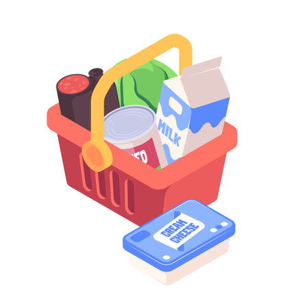 Shopping basket with various groceries, set against a white background, depicting the concept of retail. Vector illustrationのイラスト素材