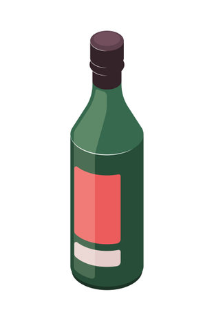 Green bottle with a label, in simple vector style on a white background, representing beverages. vector illustrationのイラスト素材