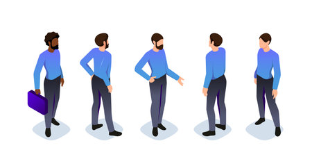 Isometric constructor to create male character. Set 5 poses for the movement of charactersのイラスト素材