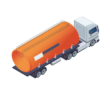 Isometric vector illustration of an orange tanker truck on a white background, symbolizing logistics and transportation.のイラスト素材