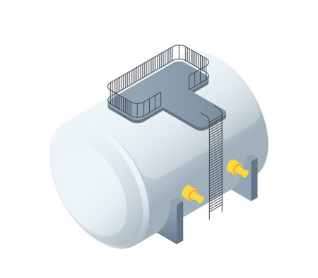 Isometric illustration of a stylized cistern with pipes and a ladder, placed on a light background, concept of industrial containerのイラスト素材