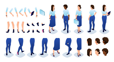 Isometric vector constructor to create a female character. Set of hands, feet, hair poses and gesturesのイラスト素材