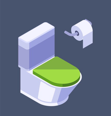 Isometric toilet with green seat and roll of toilet paper, vector illustration on dark background, representing bathroom interiorのイラスト素材