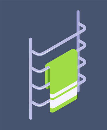 Green towel hanging on a metallic rail with a dark background, vector illustration of a bathroom towel rackのイラスト素材