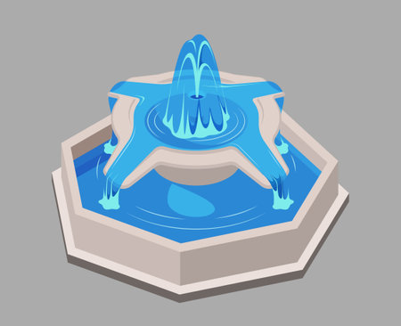 Illustration of a blue fountain on a hexagonal base, in vector style, set against a grey background, depicting tranquility. vector illustrationのイラスト素材