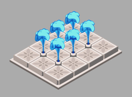 Stylized blue vector fountain on decorative tiles, isometric vector illustration against grey background, concept of urban designのイラスト素材