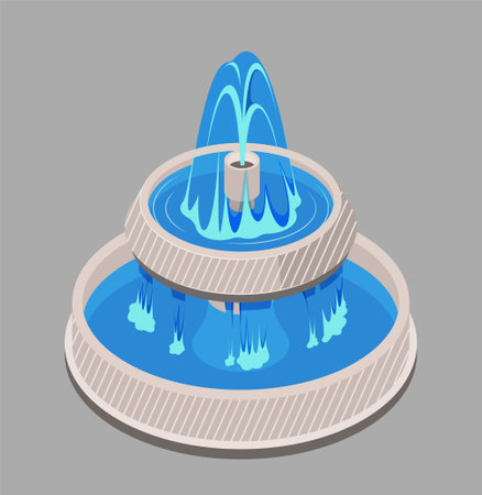Illustration of a two-tiered water fountain, in graphic style, against a grey background, concept of urban decoration. vector illustrationのイラスト素材