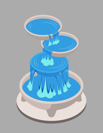 Illustration of three-tier water fountain in blue, flat graphic style, simple grey background, symbolizing relaxation. vector illustrationのイラスト素材