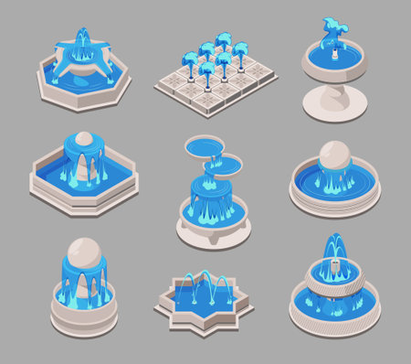Collection of various isometric water fountains, vector illustration on a gray background, concept of urban decoration.のイラスト素材