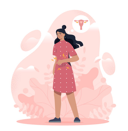 Woman is experiencing abdominal pain. Menstruation and pregnancy, female reproductive system concept. Bad condition and poisoning. Vector illustrationのイラスト素材