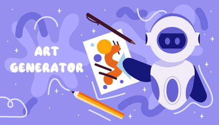 Generative artificial intelligence technology for creating art and illustrations abstract concept. Robot with pencil, brush, canvas. Poster or banner. Vector illustrationのイラスト素材