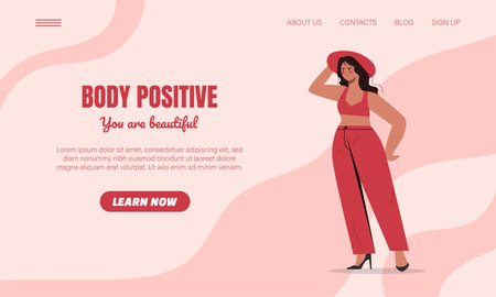 Body positivity concept. Woman in red suit and hat. Self confidence and love. Positive feelings and emotions, mental health. Landing page or webpage template. Vector illustrationのイラスト素材