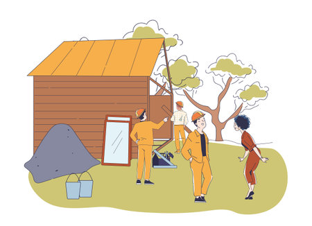 Workers on the construction site of a small wooden house. Men in uniform talk to woman. Construction and architecture. Workers communicate with manager. Line art style vector illustrationのイラスト素材