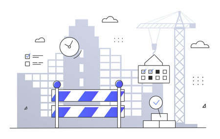 Construction and Building processes. Urban architecture. Residential district with construction crane. Exterior of real estate. Line art style flat vector illustration on whiteのイラスト素材